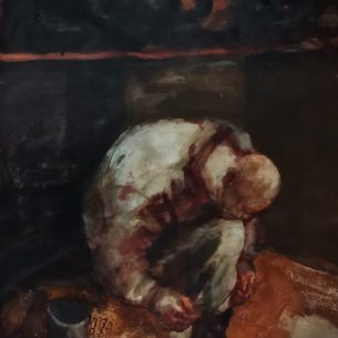 Юлия Резникова “Обмундирование” 2023 г, бумага, тушь, акрил, левкас. 69-49 см