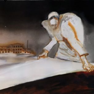 Юлия Резникова “Первый снег” Из серии “Васильевский остров” 2024 г бумага, тушь, акрил 65,5-40 см