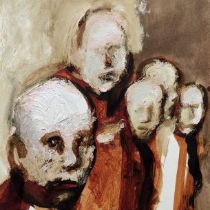Юлия Резникова “Пионеры” 2022 г, бумага, акрил, тушь. 42-29,5 см