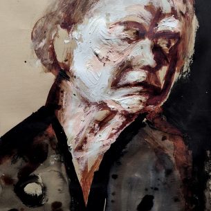 Юлия Резникова “Старуха с орденом” 2023 г, бумага,тушь, акрил, левкас 49-32,5 см