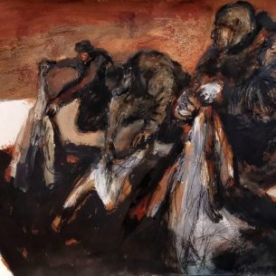 Юлия Резникова “Черная вода” 2023, бумага, тушь, акрил, левкас. 49,5-65 см